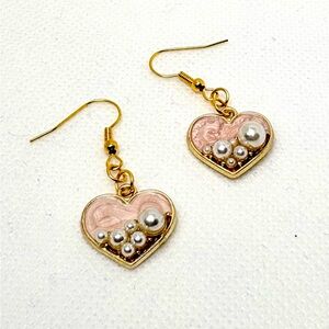 Pink Heart Earrings With Pearls accents Gold Tone Enameled Hypoallergenic